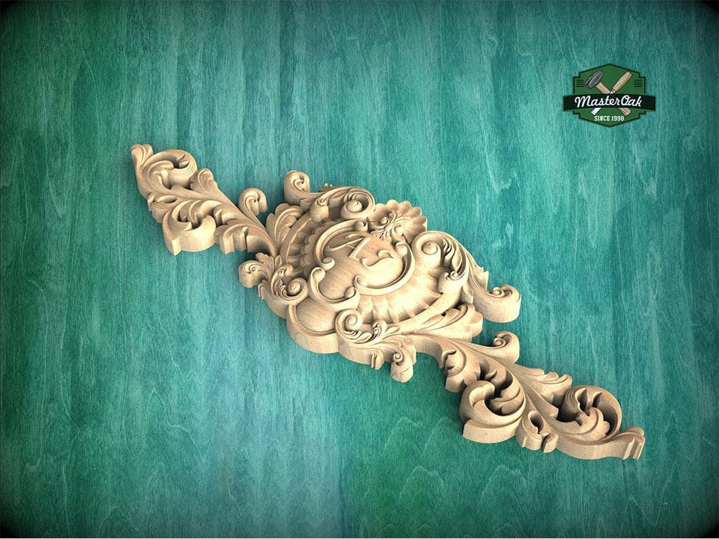 Personalized Baroque Crest with Cartouche – Ornate Carved Wood Applique for Furniture