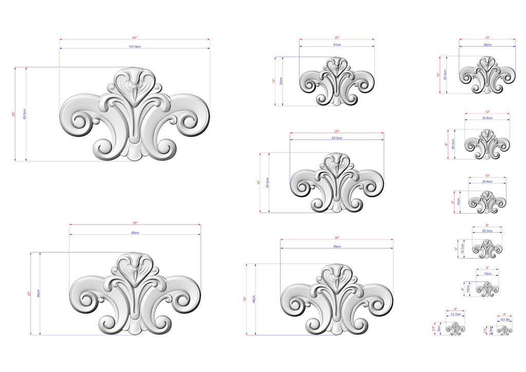 a collection of ornate, decorative designs in a 3D style, with measurements and scale details provided.