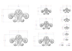 a collection of ornate, decorative designs in a 3D style, with measurements and scale details provided.