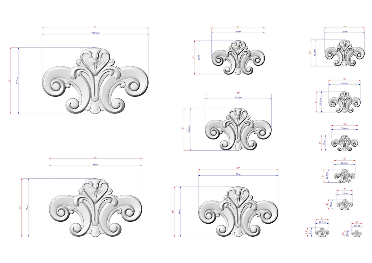 a collection of ornate, decorative designs in a 3D style, with measurements and scale details provided.