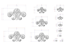 Load image into Gallery viewer, a collection of ornate, decorative designs in a 3D style, with measurements and scale details provided.
