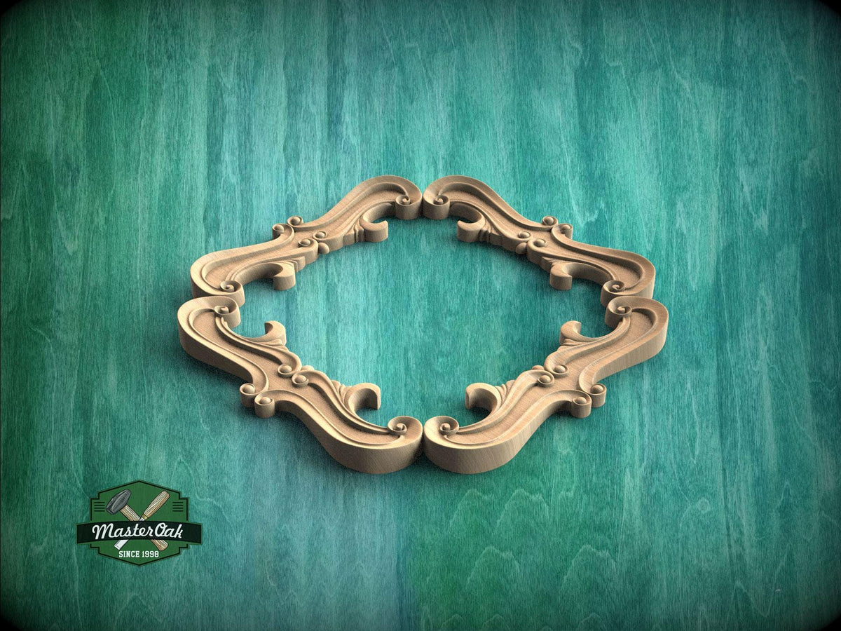 A decorative wooden frame with intricate scrollwork is displayed against a green textured background.