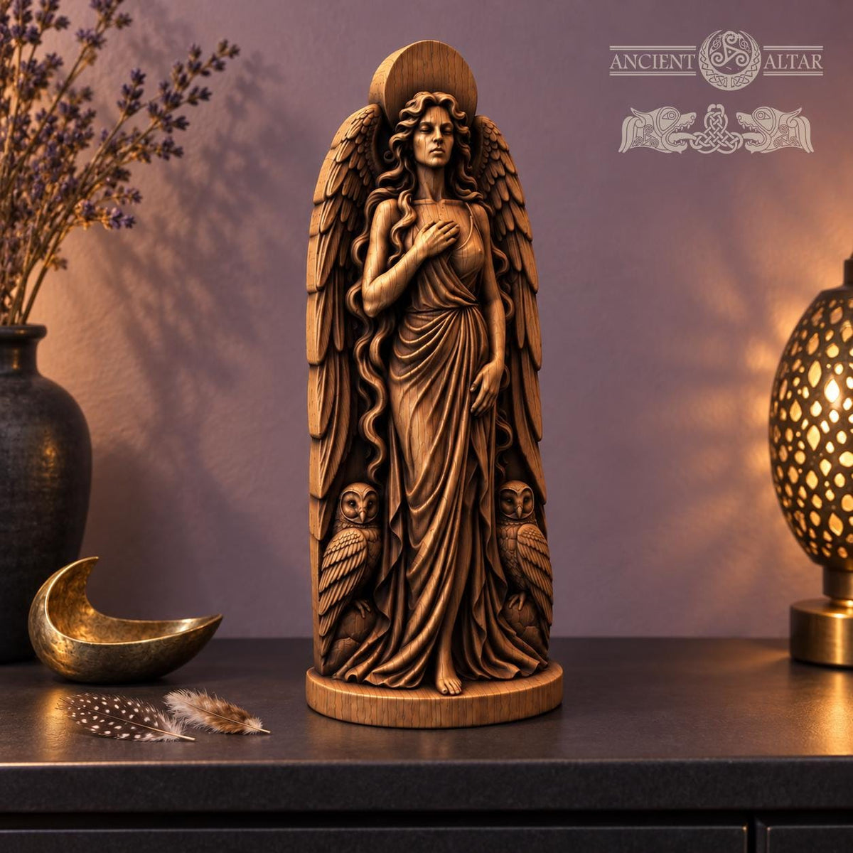 Lilith Owl Statue, Wooden Dark Goddess Figurine, Winged Goddess Altar Decor, Moon and Owl Sculpture, Occult Pagan Gift