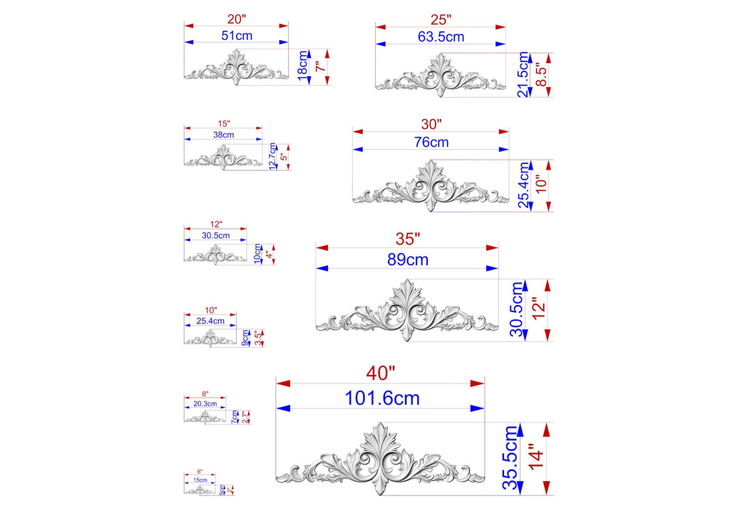 a series of ornamental designs, each with its own size and dimensions. The designs are arranged in a grid format, with each design labeled with its corresponding size in centimeters. The image is a collection of seven distinct designs, each with its own unique size and shape.