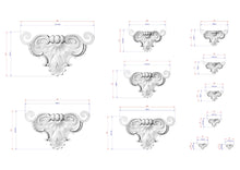 Load image into Gallery viewer, a collection of ornate, decorative designs or sculptures, each accompanied by a set of measurements in centimeters. The designs are intricate and visually appealing, showcasing the craftsmanship and attention to detail in their creation.
