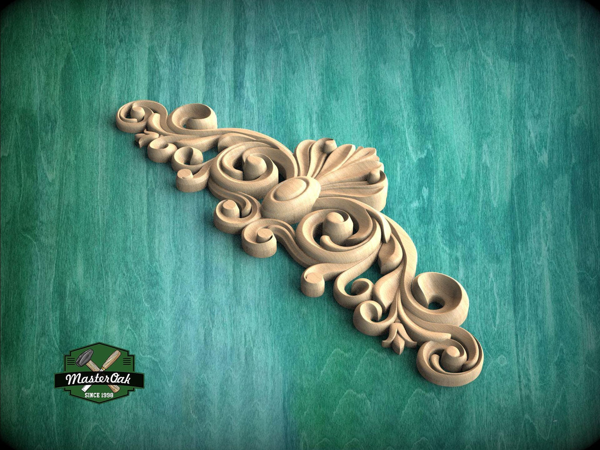 A decorative wooden carving with intricate swirls and curves is displayed against a teal background.