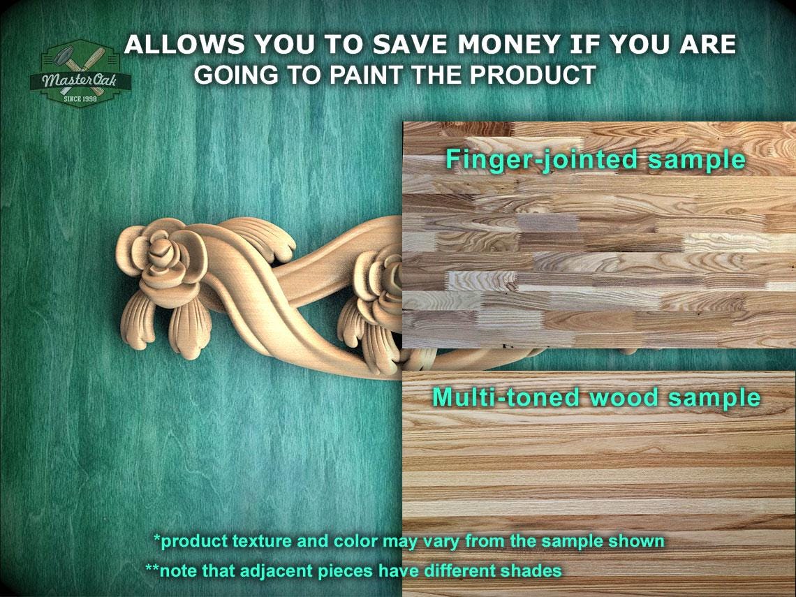 The image is a promotional image for Master Oak, a company that specializes in painting wooden products. It features a close-up of a wooden sample with a finger-jointed design and a multi-toned wood sample, along with text that provides information about the products.