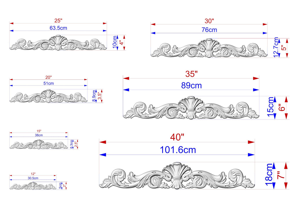 a series of ornate decorative designs, each with its own unique size and scale. The designs are depicted in a detailed manner, showcasing the intricate patterns and craftsmanship. The image is a collection of various sizes, ranging from small to large, providing a comprehensive view of the different dimensions and proportions of the designs.