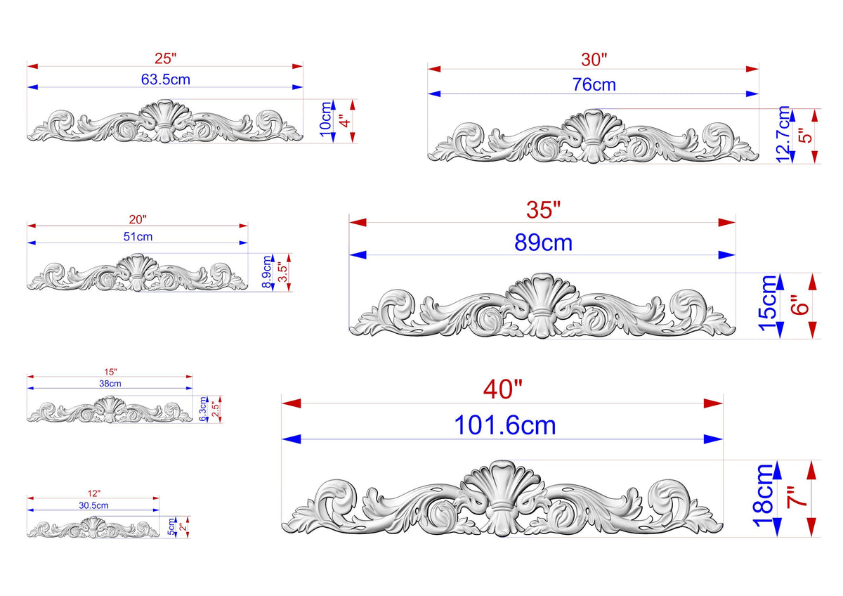 a series of ornate decorative designs, each with its own unique size and scale. The designs are depicted in a detailed manner, showcasing the intricate patterns and craftsmanship. The image is a collection of various sizes, ranging from small to large, providing a comprehensive view of the different dimensions and proportions of the designs.