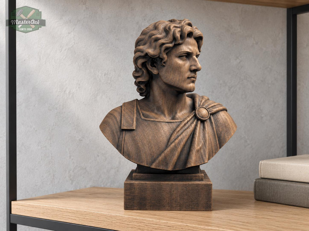 Alexander the Great Bust | Carved & Hand-Finished Wood Statue | Conqueror Gift