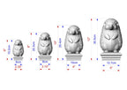 A series of four hedgehog statues of varying sizes, each with a corresponding measurement scale.