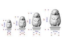 Load image into Gallery viewer, A series of four hedgehog statues of varying sizes, each with a corresponding measurement scale.

