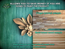 Load image into Gallery viewer, The image is a promotional advertisement for Master Oak's paint product, featuring a close-up of a wooden sample with a finger-jointed design and a multi-toned wood sample.
