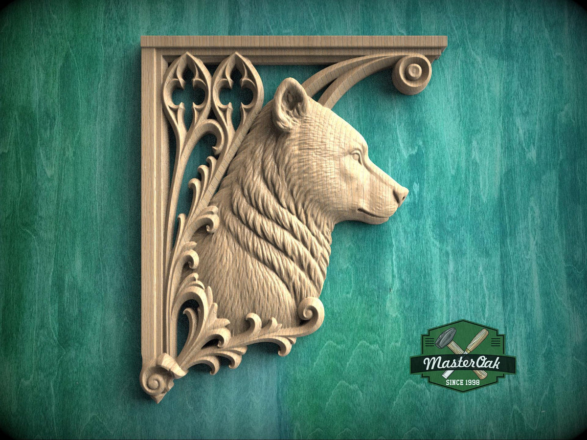 Carved Wood Bear Corner Onlays, Mirrored Pair with Gothic Scrollwork