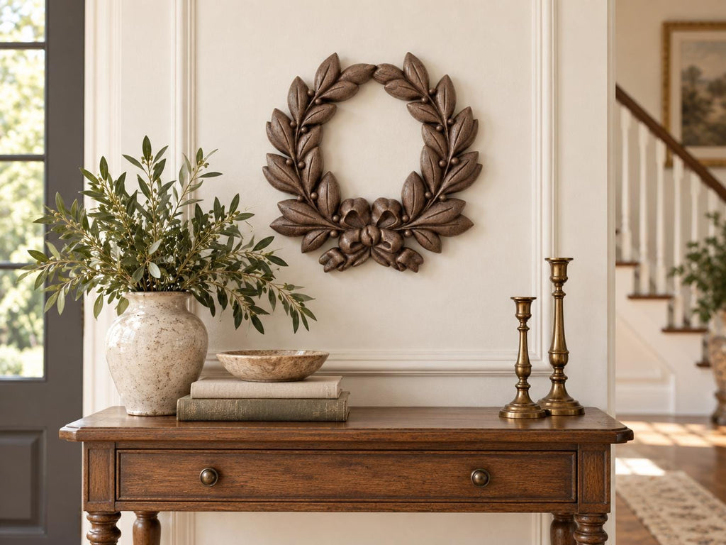 Laurel Wreath Wall Art | Hand-Sanded & Hand-Toned Carved Wood | Classic Home Decor