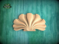 A wooden shell-shaped object is displayed against a green background.