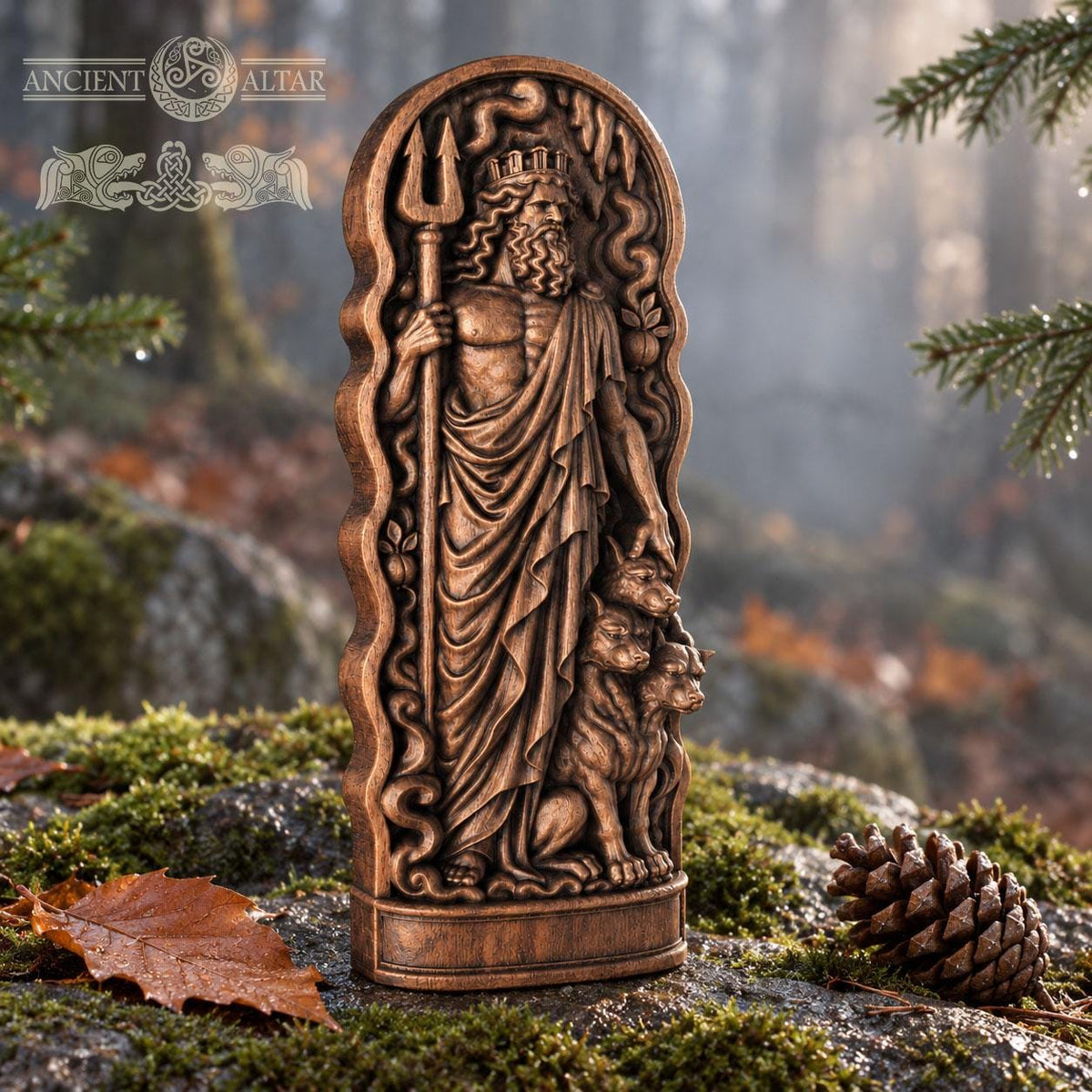Hades Wooden Statue with Cerberus, Greek God of the Underworld Sculpture, Pagan Altar Decor, Dark Mythology Gift
