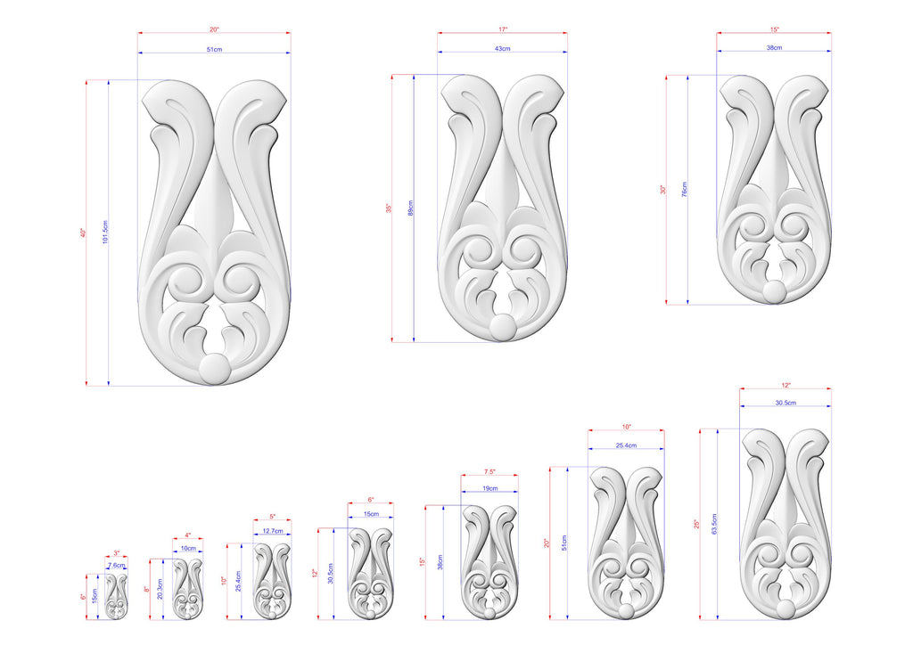 a collection of white, decorative vases with intricate designs, each accompanied by its own set of measurements. The vases vary in size, ranging from small to large, and are arranged in a grid-like pattern. The image does not contain any text or additional objects, and the focus is solely on the vases and their dimensions.