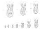 a collection of white, decorative vases with intricate designs, each accompanied by its own set of measurements. The vases vary in size, ranging from small to large, and are arranged in a grid-like pattern. The image does not contain any text or additional objects, and the focus is solely on the vases and their dimensions.