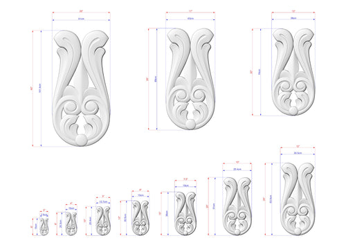 a collection of white, decorative vases with intricate designs, each accompanied by its own set of measurements. The vases vary in size, ranging from small to large, and are arranged in a grid-like pattern. The image does not contain any text or additional objects, and the focus is solely on the vases and their dimensions.