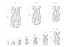 Load image into Gallery viewer, a collection of white, decorative vases with intricate designs, each accompanied by its own set of measurements. The vases vary in size, ranging from small to large, and are arranged in a grid-like pattern. The image does not contain any text or additional objects, and the focus is solely on the vases and their dimensions.
