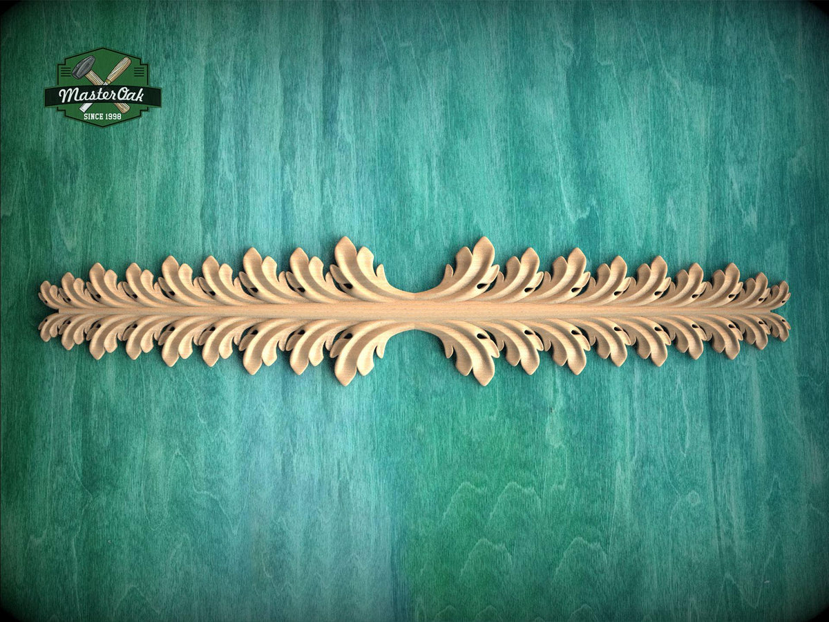 A decorative wooden leaf-like design is displayed on a green textured background.