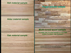 The image is a comparison of different types of wood samples, including an ash material sample, a finger-jointed sample, and a multi-toned wood sample.