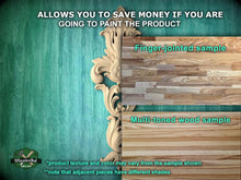 Load image into Gallery viewer, The image is a promotional advertisement for a product, specifically a wood sample. It features a close-up of a wooden sample with a finger-jointed sample and a multi-toned wood sample. The text on the image encourages viewers to save money by painting the product, and it provides examples of the product texture and color that may vary from the sample shown. The image also includes a note that adjacent pieces have different shades.

