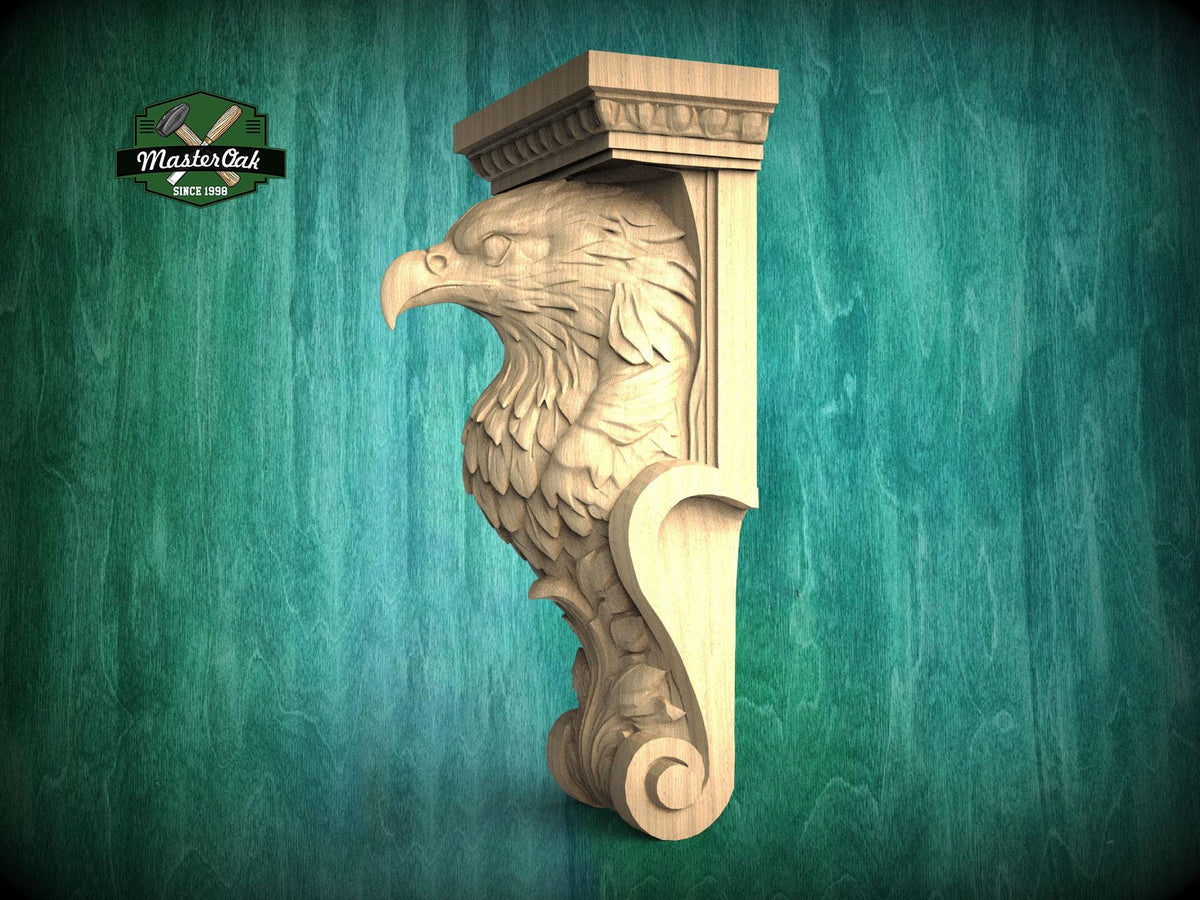 A carved wooden eagle figure is displayed against a green background, with a logo and text visible in the top left corner.