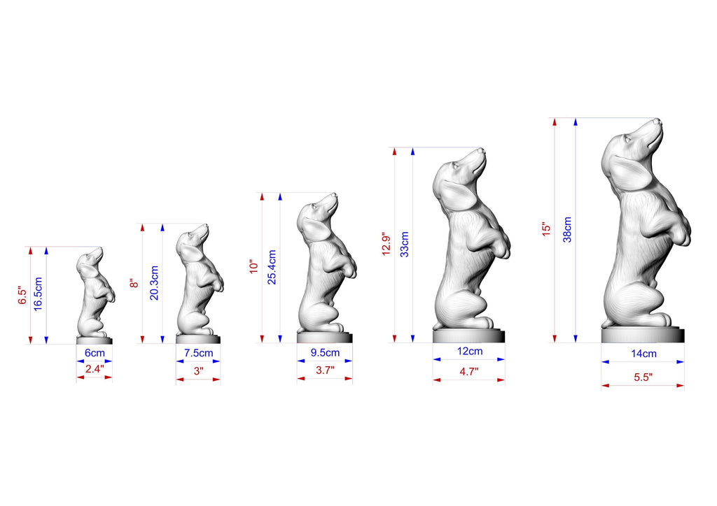 A series of five dachshund statues in various sizes, ranging from small to large, with measurements provided.
