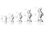 A series of five dachshund statues in various sizes, ranging from small to large, with measurements provided.