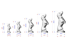 Load image into Gallery viewer, A series of five dachshund statues in various sizes, ranging from small to large, with measurements provided.
