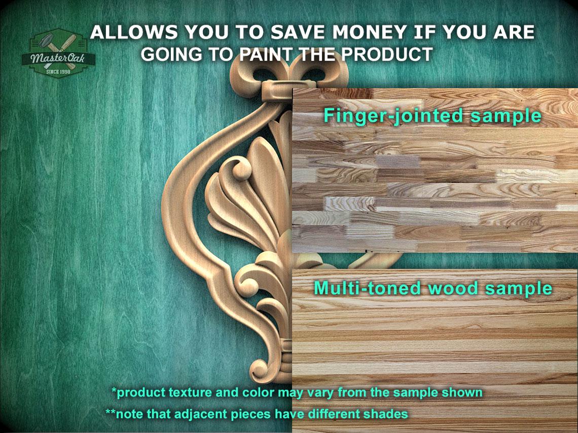 The image is a promotional image for Master Oak Paint, featuring a close-up of a wooden surface with a decorative element. The text on the image provides information about the paint product, including a "finger-joined sample" and a "multicolored wood sample". The text also mentions that the product texture and color may vary from the sample shown, and that adjacent pieces have different shades.
