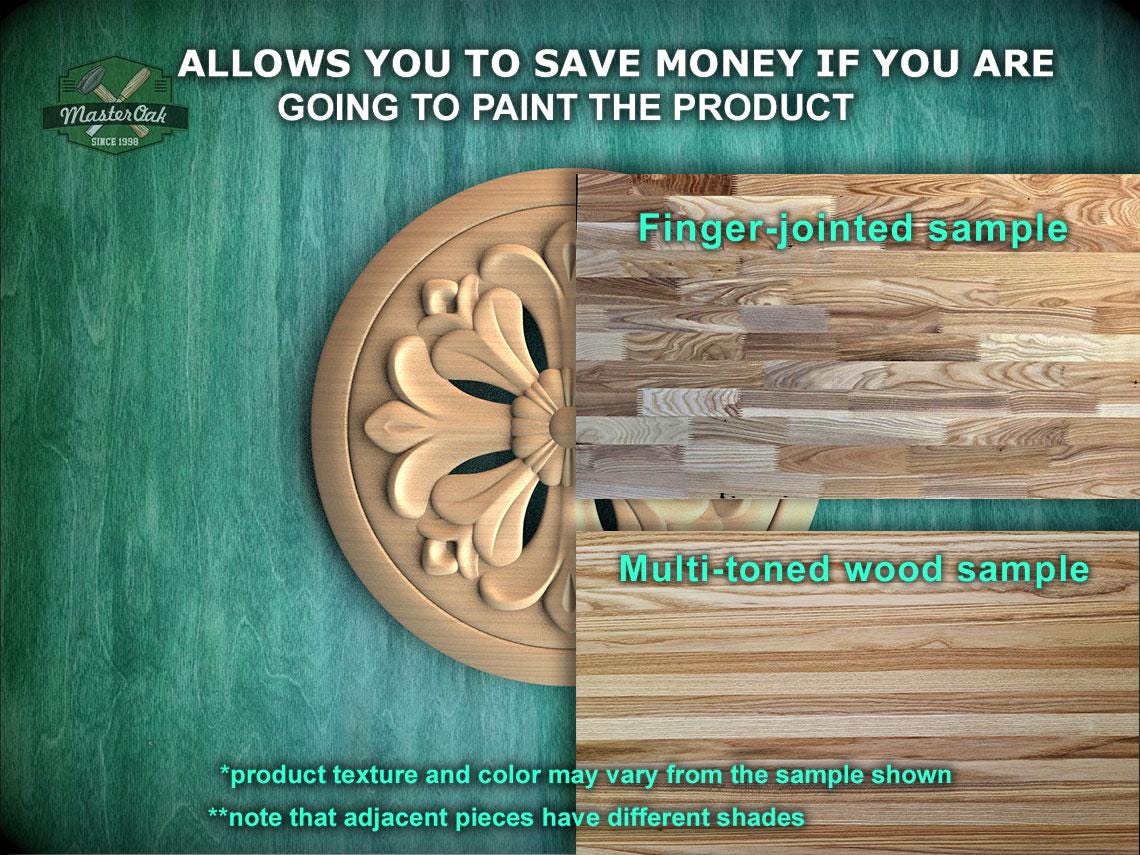The image is a promotional image for Master Oak, a company that sells wood products. It features a close-up of a wooden sample, including a finger-jointed sample and a multi-toned wood sample. The text on the image encourages viewers to save money by painting the product, highlighting the differences between the two samples, such as the product texture and color. The image is a collage of multiple images, and the text is concise and avoids redundancy.