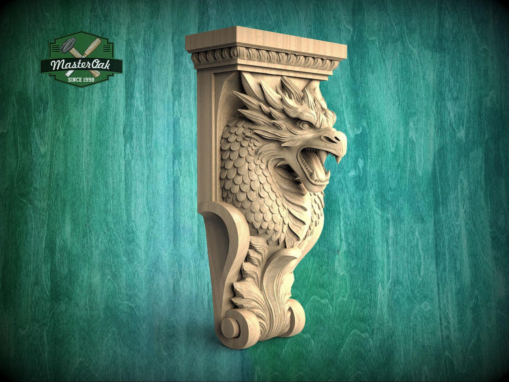 A carved wooden dragon head with a fierce expression is displayed against a green background.