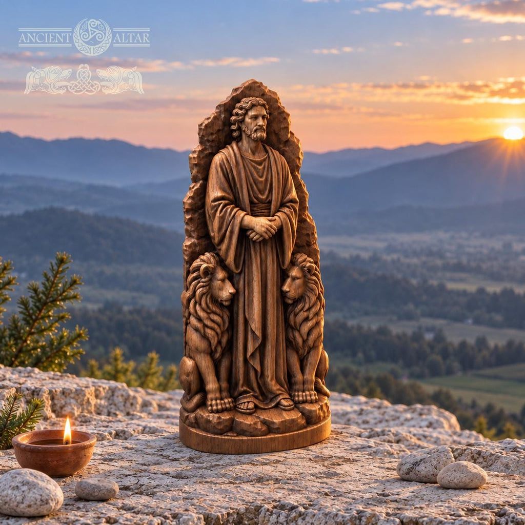 Daniel in the Lions Den Statue, Solid Oak Biblical Sculpture, Prophet with Two Lions, Judaica Home Decor, Religious Gift