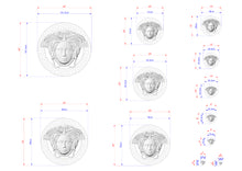 Load image into Gallery viewer, multiple images of a stylized head or face, each with its own size and dimensions. The images are arranged in a grid format, with each row representing a different image and each column representing a different size. The images are labeled with their respective sizes, providing a clear visual representation of the varying dimensions.
