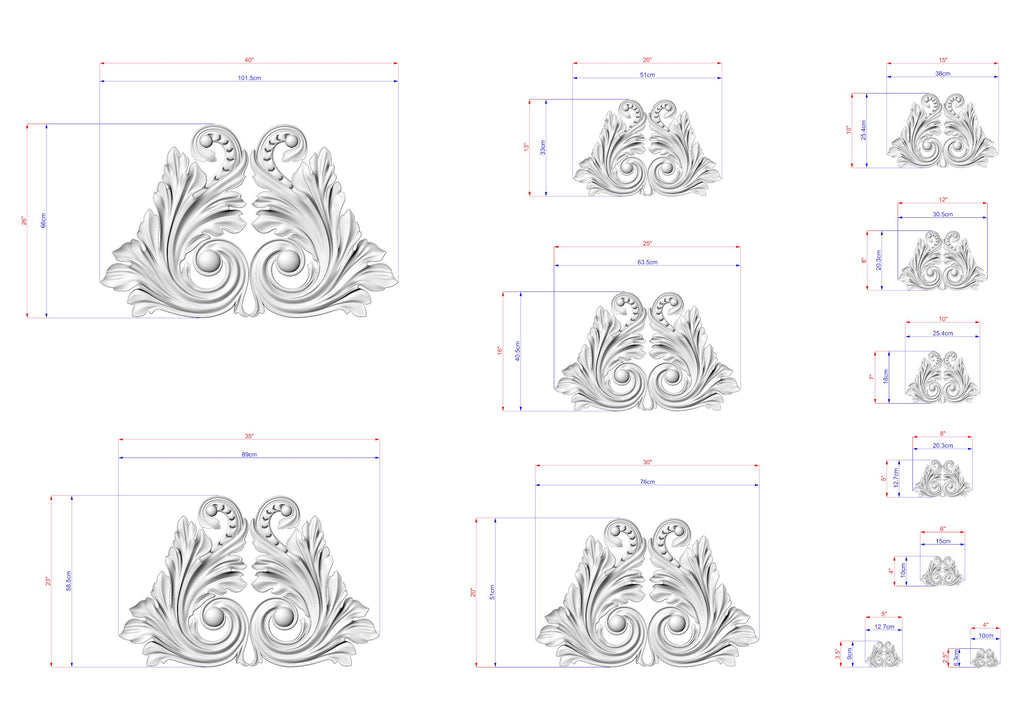 a collection of ornate, decorative designs in a monochromatic style, with measurements and scale details provided.