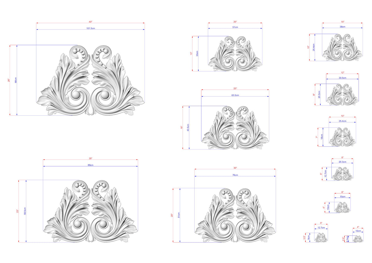a collection of ornate, decorative designs in a monochromatic style, with measurements and scale details provided.