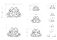 Load image into Gallery viewer, a collection of ornate, decorative designs in a monochromatic style, with measurements and scale details provided.

