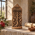Tree of Life Menorah Sculpture, Solid Oak Judaica with Pomegranates and Olive Branches, Jewish Home Decor, Housewarming Gift