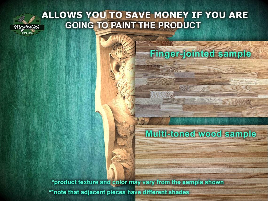 The image is a promotional advertisement for Master Oak Paint, showcasing a variety of wood samples. It features a carved wooden panel, a finger-jointed sample, and a multi-toned wood sample, highlighting the different textures and colors of the wood. The text emphasizes that the product texture and color may vary from the sample shown, and notes that adjacent pieces have different shades. The image is a collage of multiple wood samples, and the text is concise and avoids redundancy.