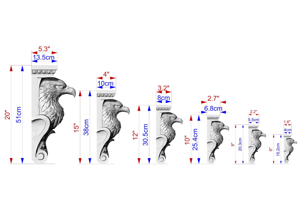 a series of images depicting various sizes of eagle sculptures, ranging from 5.3 cm to 20 cm in height. The images are arranged in a linear fashion, showcasing the different sizes of the eagle sculptures from smallest to largest.