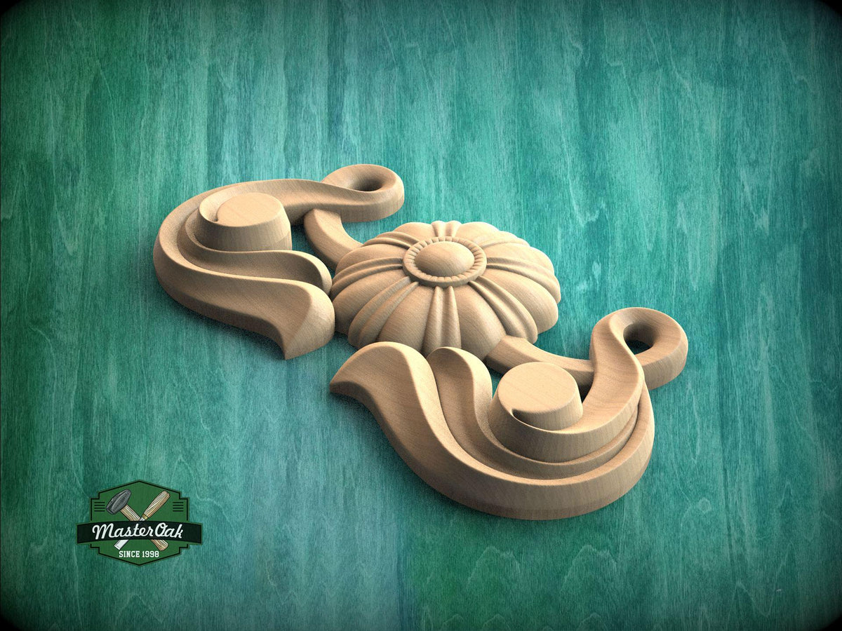 A wooden carving of a flower-like design is displayed against a teal background.