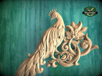Peacock in Bloom Wood Carving – Elegant Corner Decor Element, 1 pc, Unpainted, Home Wall Embellishments, Furniture Carving, Wood Onlays