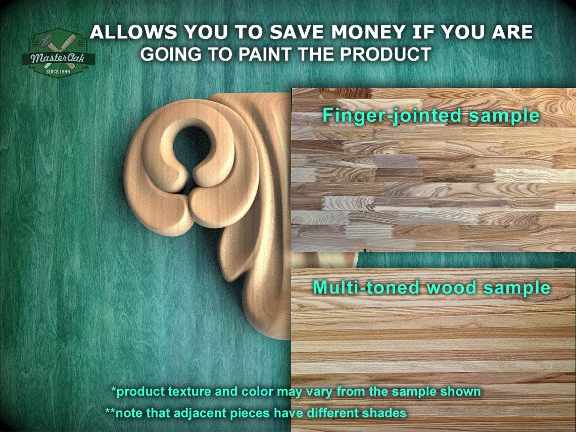 The image is a promotional advertisement for Master Oak, a company that sells wood products. It features a close-up of a wooden sample, including a finger-jointed sample and a multi-toned wood sample, along with text that provides information about the products.