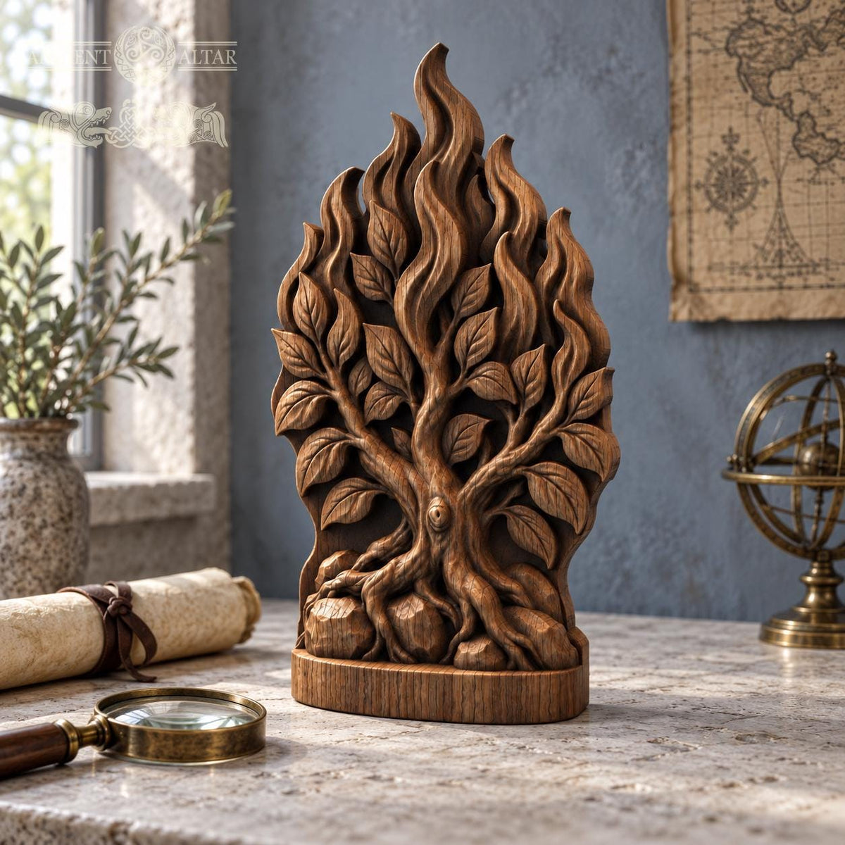 Burning Bush Oak Wood Sculpture, Biblical Tree with Flames, Judaica Decor, Exodus Inspired Wooden Relief, Religious Gift