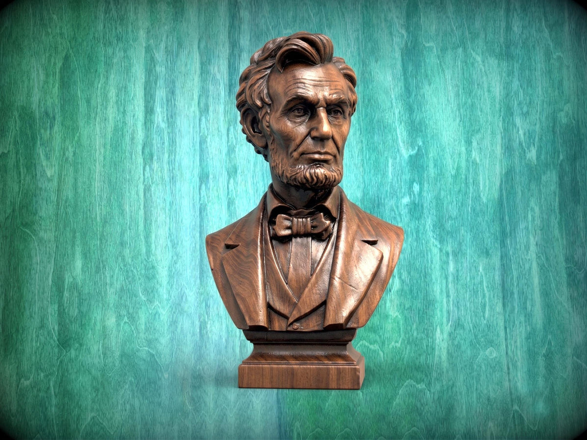 A wooden bust of Abraham Lincoln, a famous American president, is displayed against a green background.