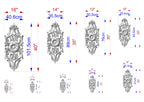 a series of ornate, decorative elements with measurements and scale drawings. The elements appear to be in a 3D model or digital format, and the image is described in terms of its size and dimensions.