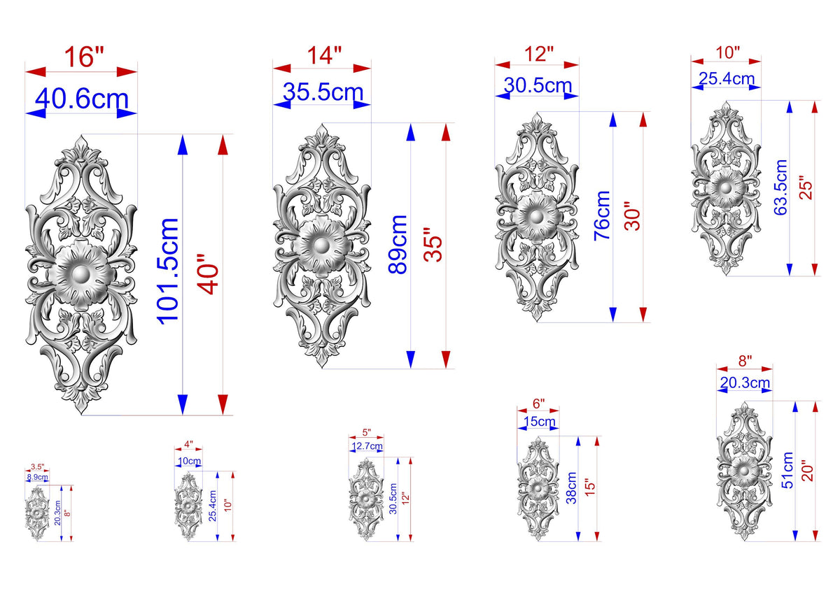 a series of ornate, decorative elements with measurements and scale drawings. The elements appear to be in a 3D model or digital format, and the image is described in terms of its size and dimensions.
